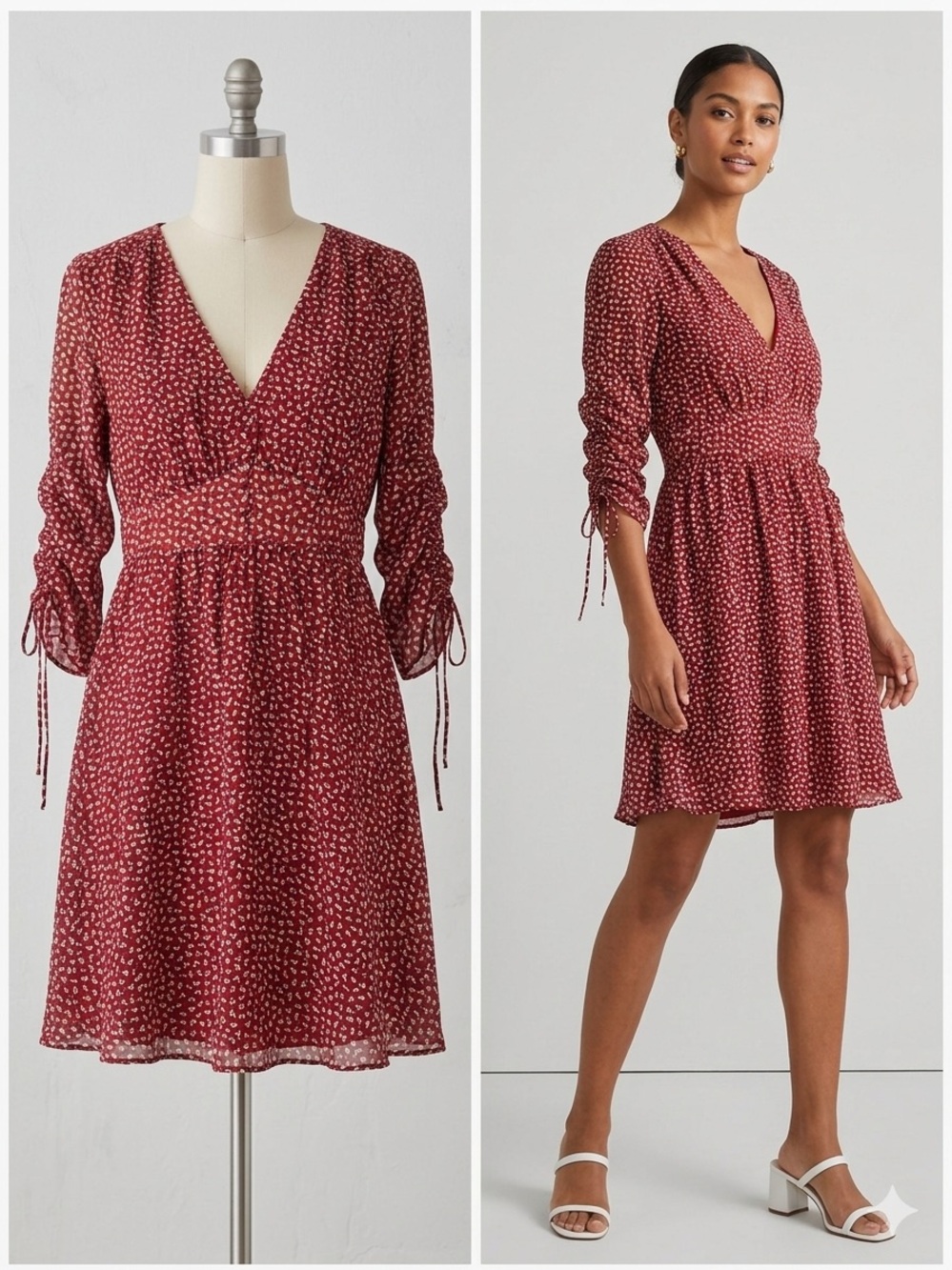 Madewell K6150 Ruched Sleeve V-Neck Floral Mini Dress Burgundy Size 2
